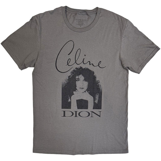 Grey t-shirt featuring a black and white portrait of Celine Dion with her name.