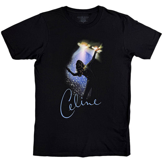 Black t-shirt with a silhouette of Celine Dion and her signature.