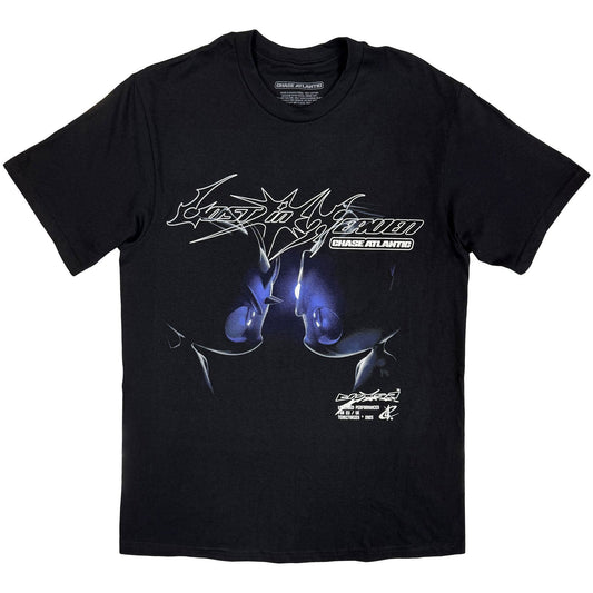 Black t-shirt with graphic of two faces and “Chase Atlantic” text.