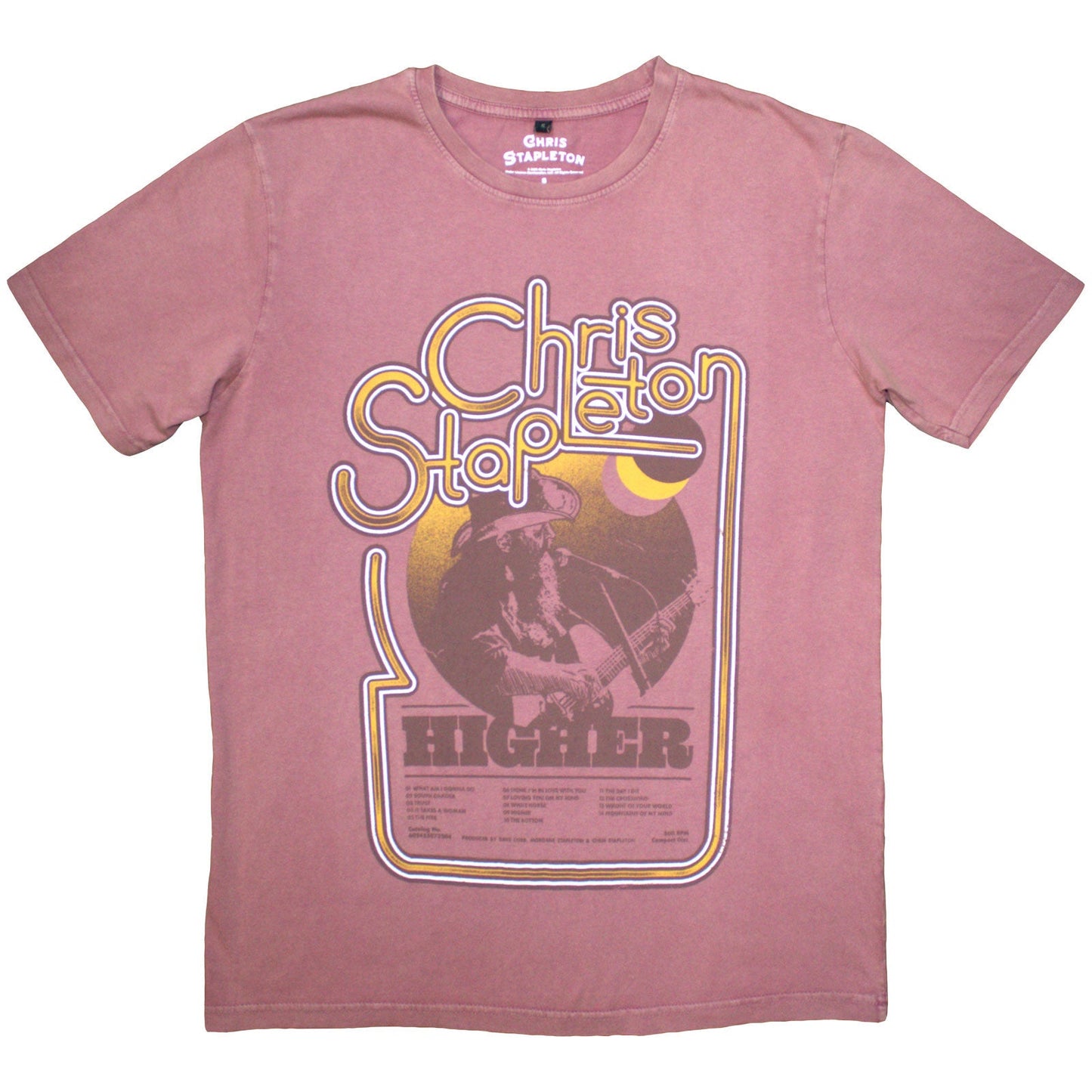 Red, stone wash t-shirt with Chris Stapleton’s name and image.
