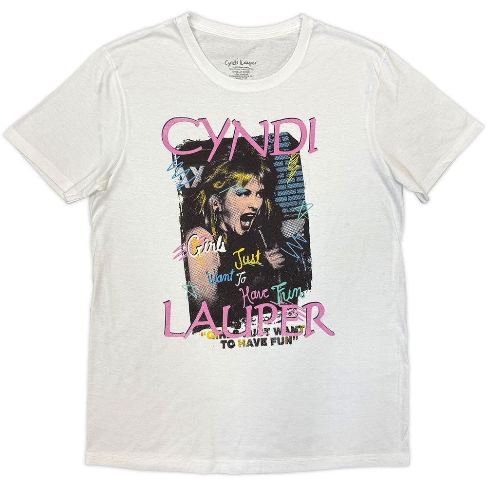 White t-shirt with a graphic of Cyndi Lauper and song lyrics.