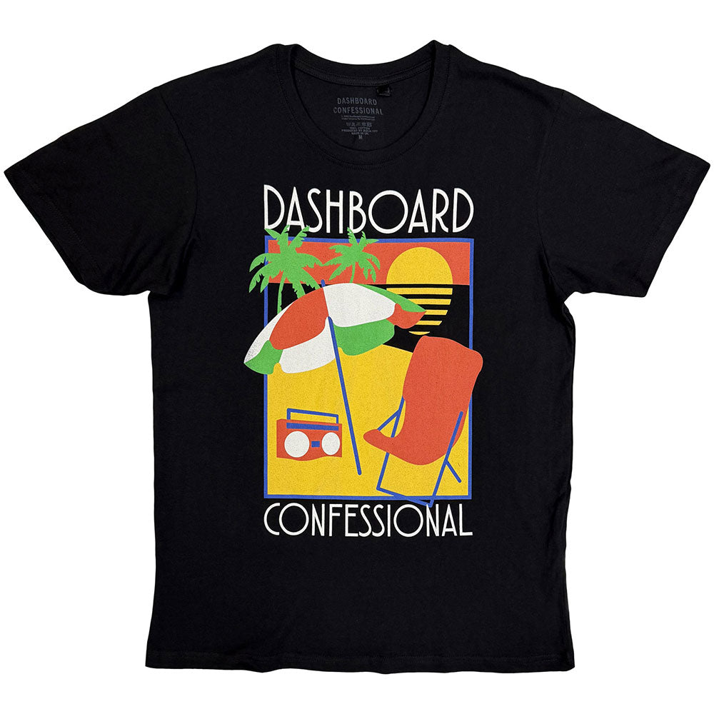 Black Dashboard Confessional t-shirt featuring a beach scene with umbrella, chair, and boombox.
