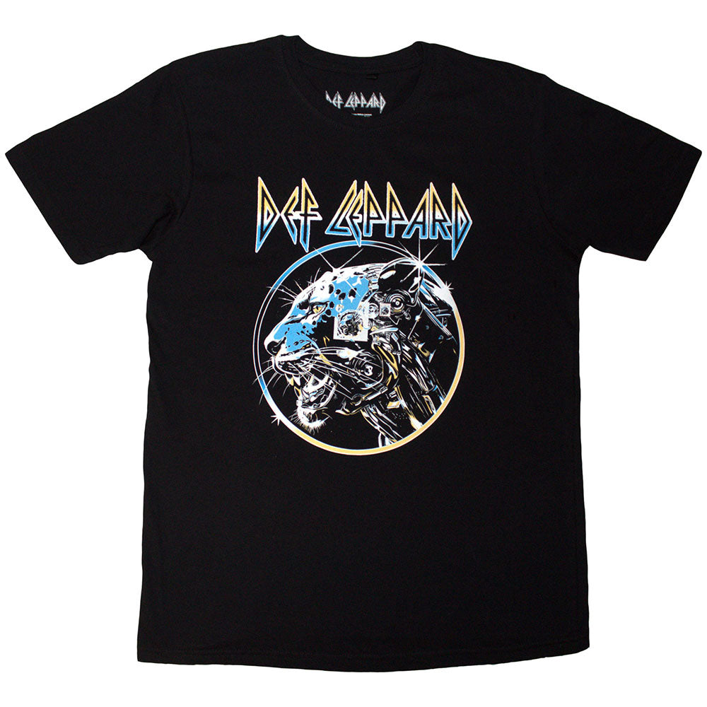 Black Def Leppard t-shirt featuring a metallic leopard graphic inside a circular frame.