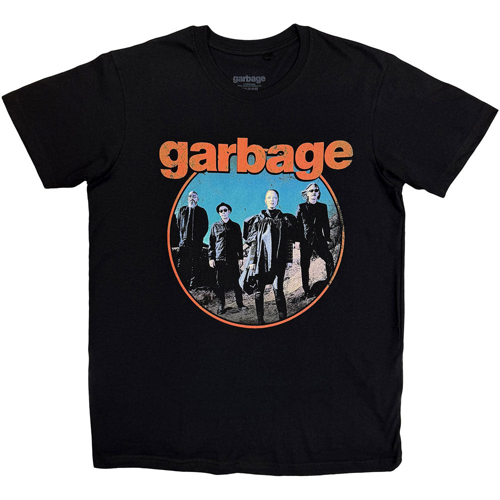 Black t-shirt featuring a circular graphic of the band Garbage with orange text.