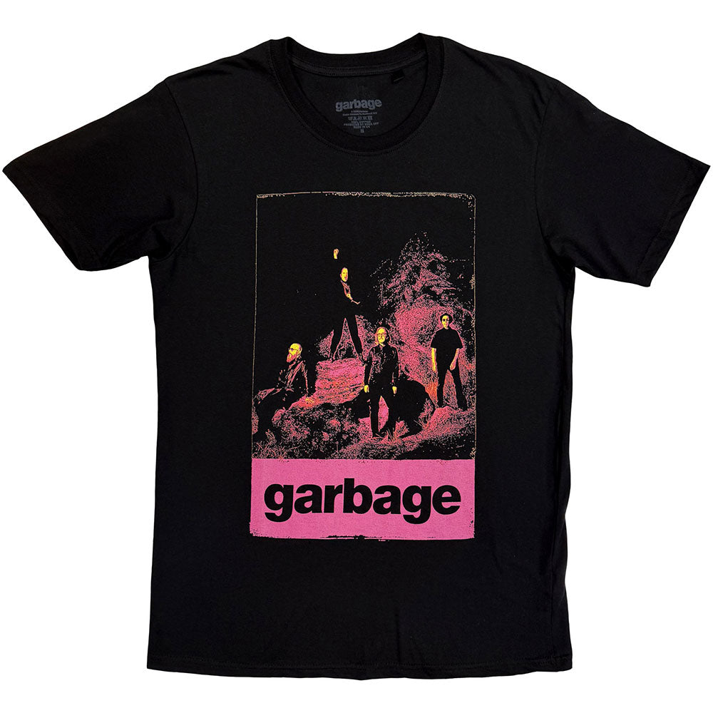 Black T-shirt featuring a pink and yellow graphic of the band Garbage.