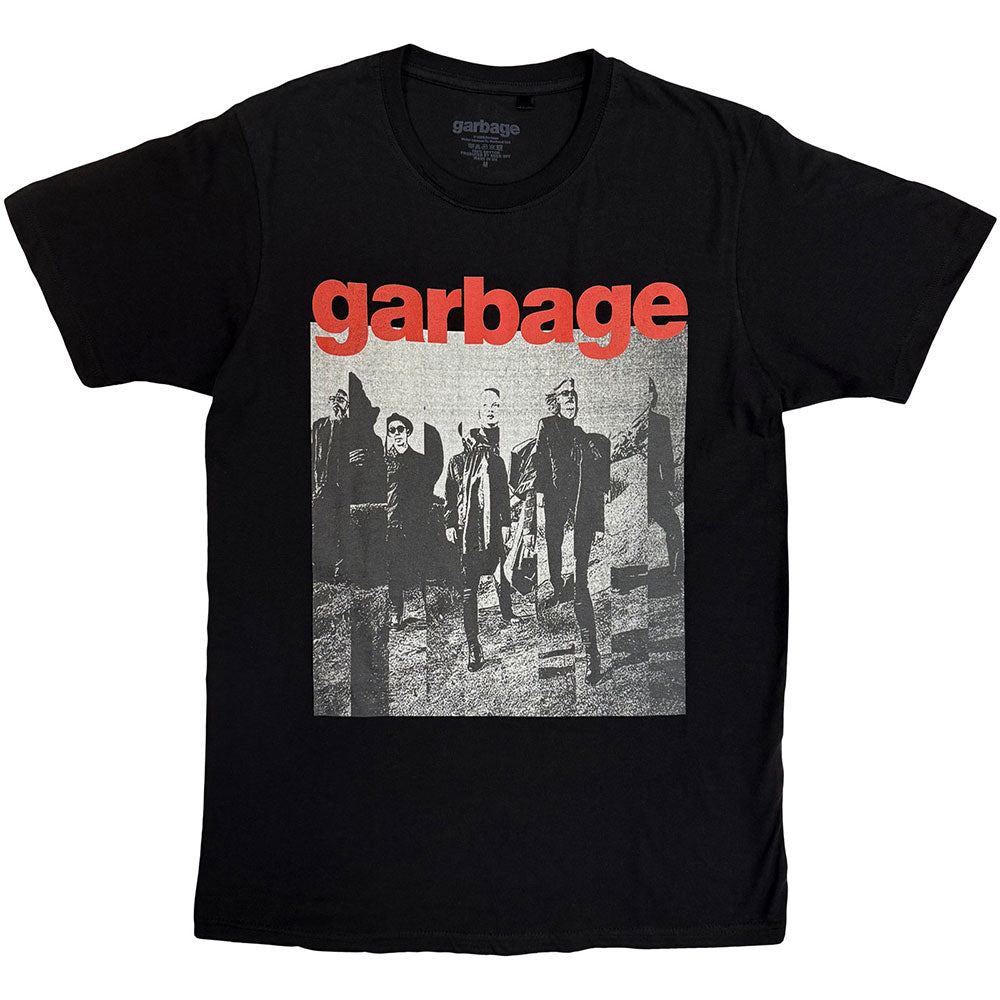 Black t-shirt featuring the word Garbage in red above a segmented band photo.