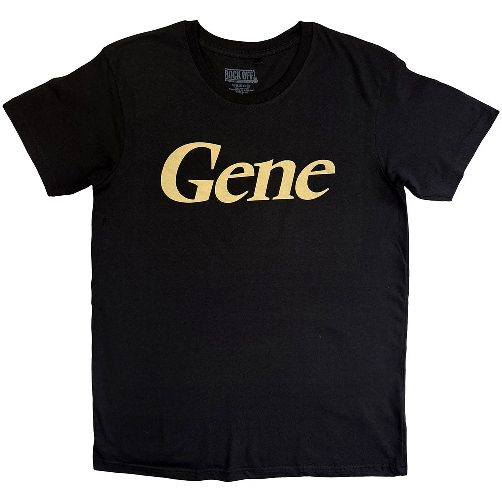 Brown t-shirt with a large, stylized “Gene” logo in gold.