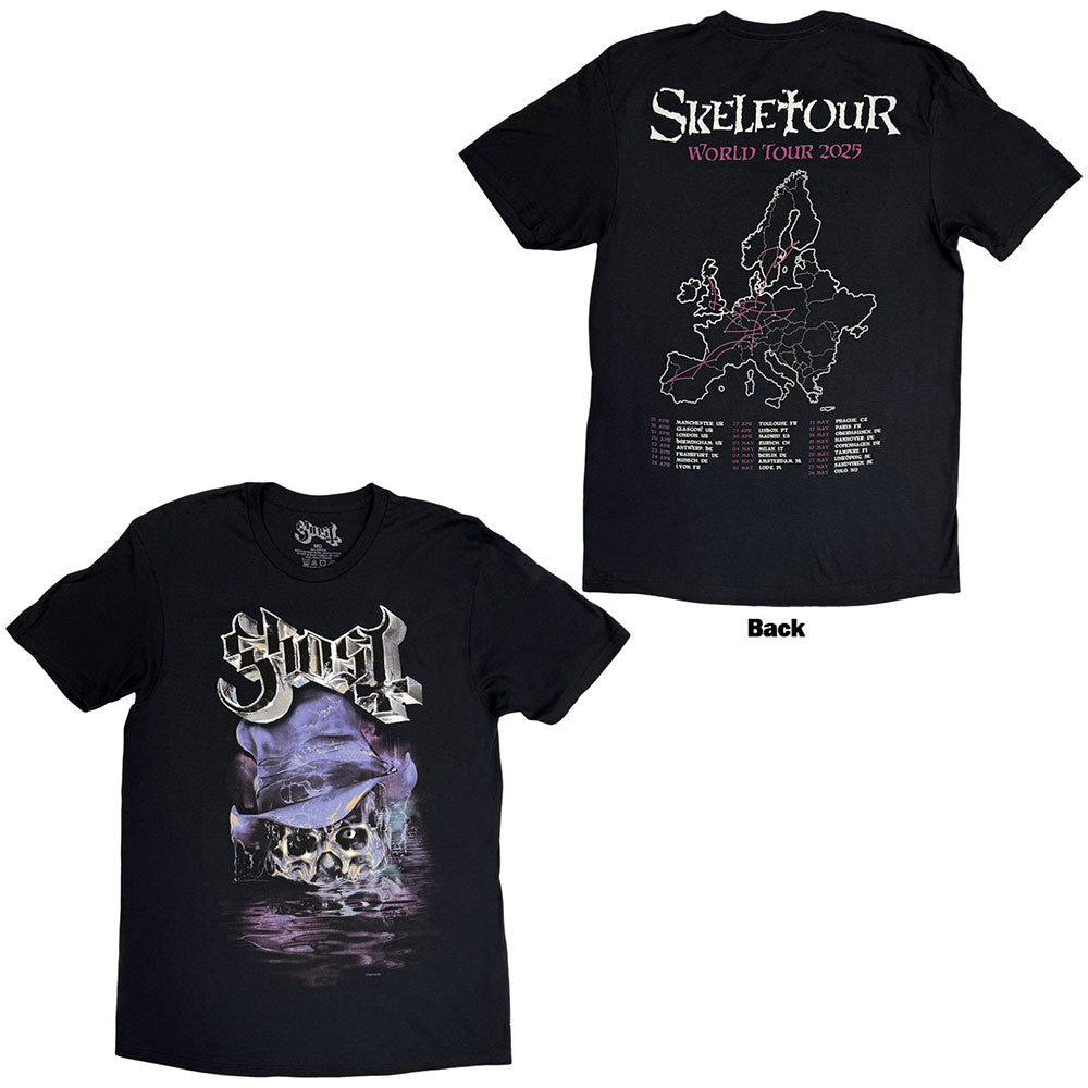 Black t-shirt with Ghost band logo and 2025 tour dates graphic.