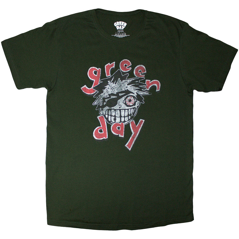 Dark green t-shirt featuring a Green Day graphic with an eye-patched face logo.