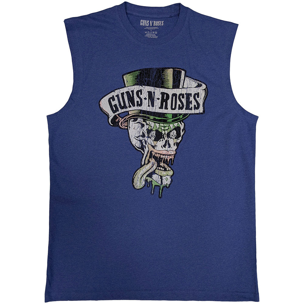 Blue sleeveless tank top featuring a Guns N' Roses skull and top hat graphic.