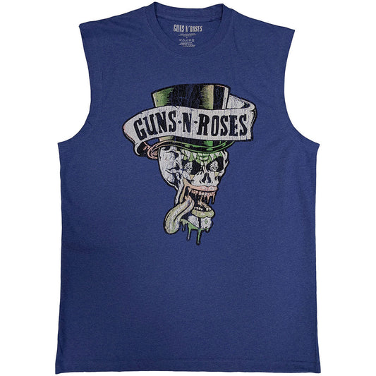 Blue sleeveless tank top featuring a Guns N' Roses skull and top hat graphic.