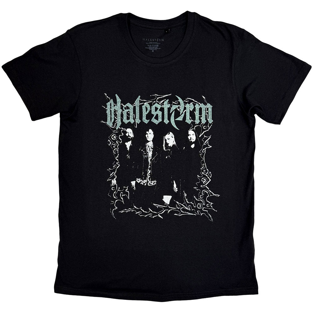 Black t-shirt featuring a Halestorm band photo graphic with a jagged, distressed frame.