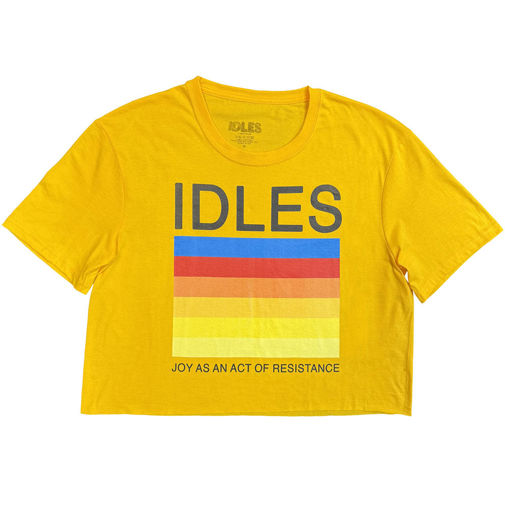 Yellow crop top with IDLES logo and colorful horizontal stripes on the front.