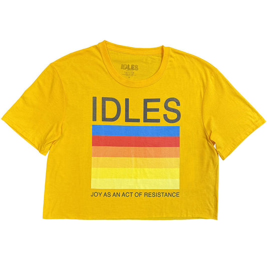 Yellow crop top with IDLES logo and colorful horizontal stripes on the front.
