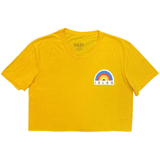 Yellow crop top with a small rainbow IDLES logo on the chest.