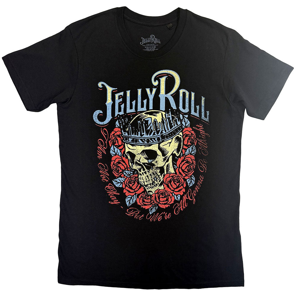 Black t-shirt featuring a Jelly Roll logo, a crowned skull, and red roses.