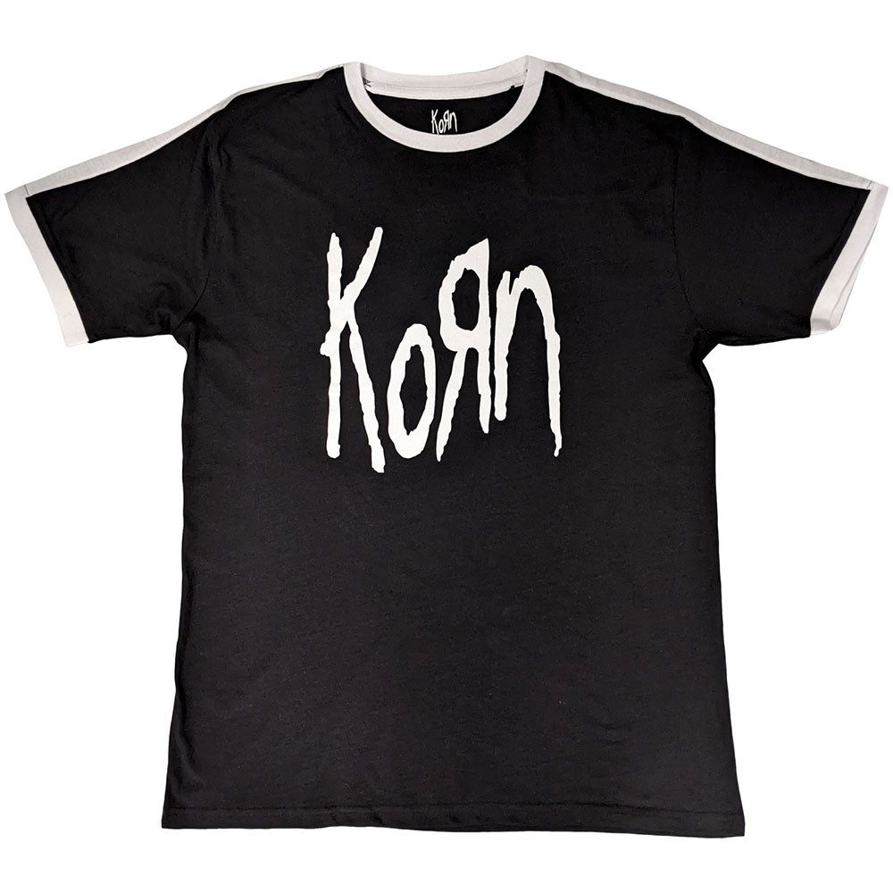 Black Korn band logo ringer t-shirt, size XXL, laid flat.