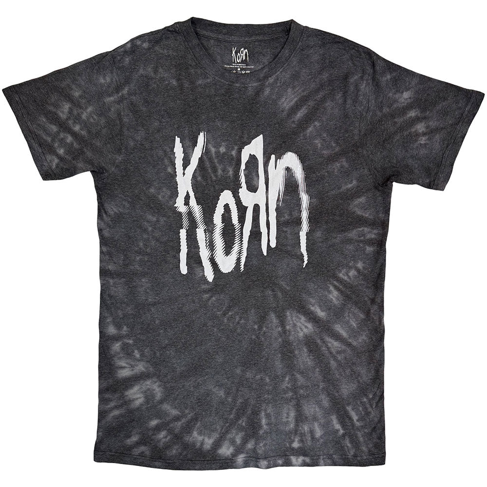 Black tie-dye t-shirt with white “Korn” band logo graphic.