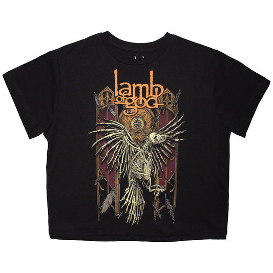 Black crop top t-shirt with a white and gold crow graphic.