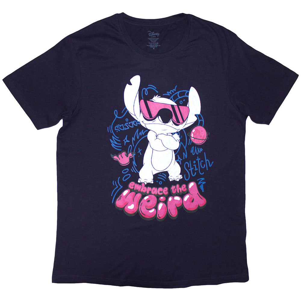 Navy t-shirt with Stitch wearing sunglasses and the text “embrace the weird”.