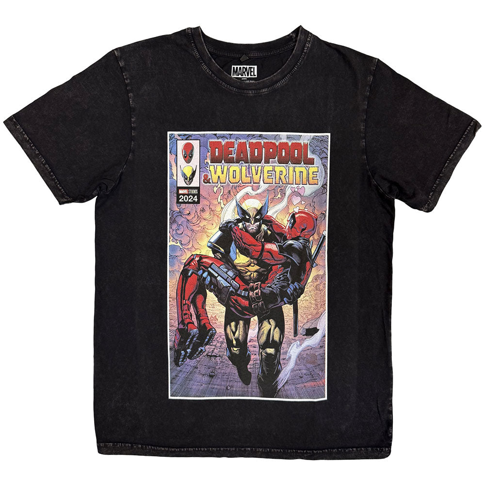 Black t-shirt with a comic book cover featuring Wolverine and Deadpool.