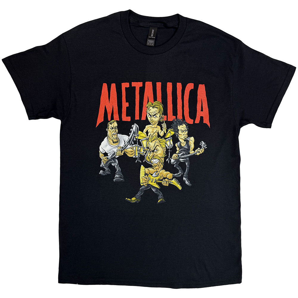 Black t-shirt featuring a cartoon illustration of the band Metallica and their logo.