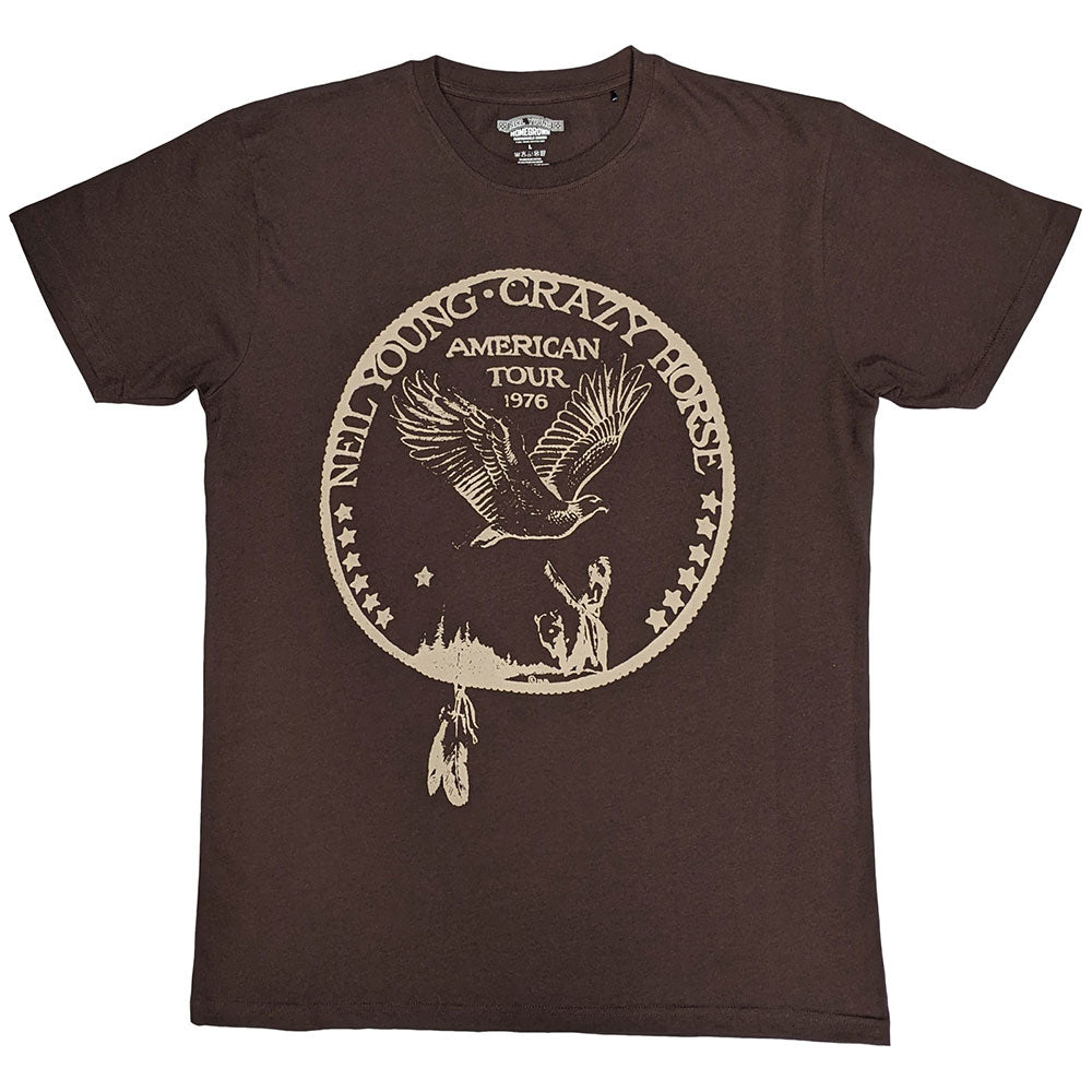 Brown t-shirt with Neil Young's '76 tour logo featuring an eagle.