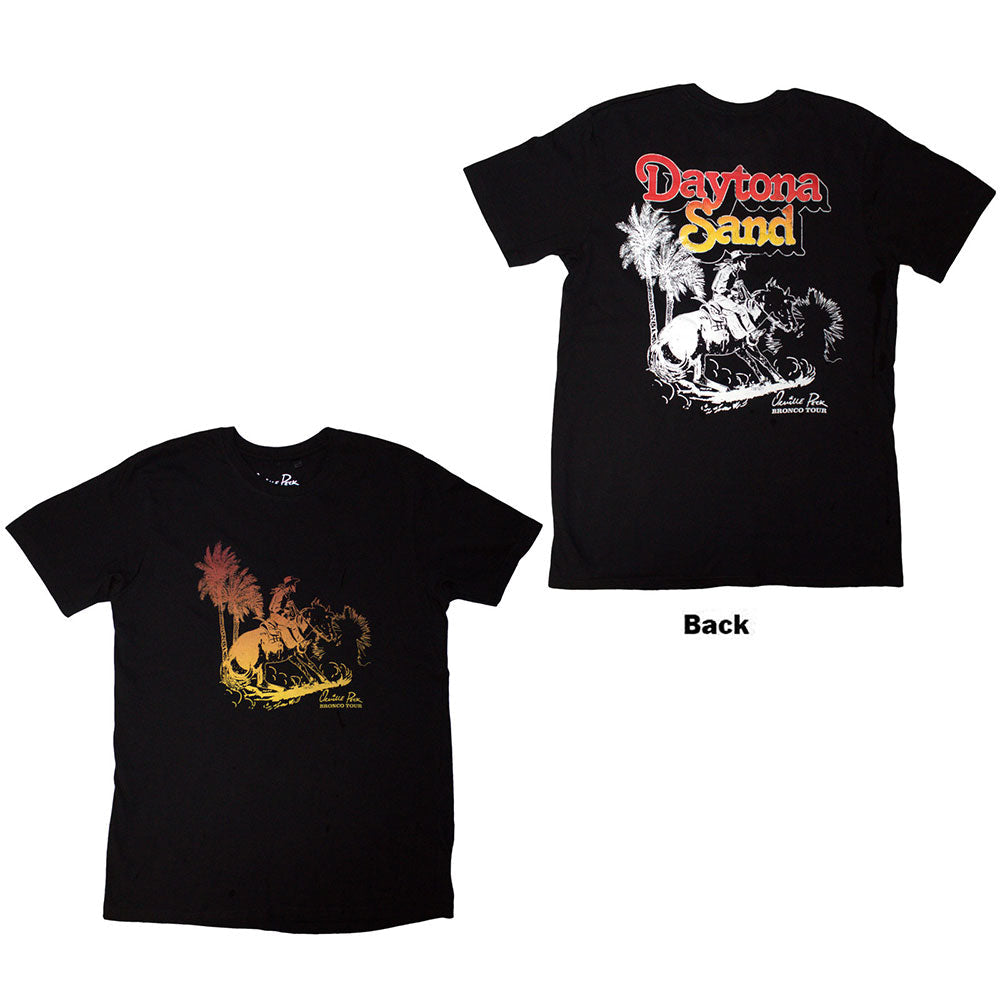 Black t-shirt with a back print of Orville Peck on horseback.