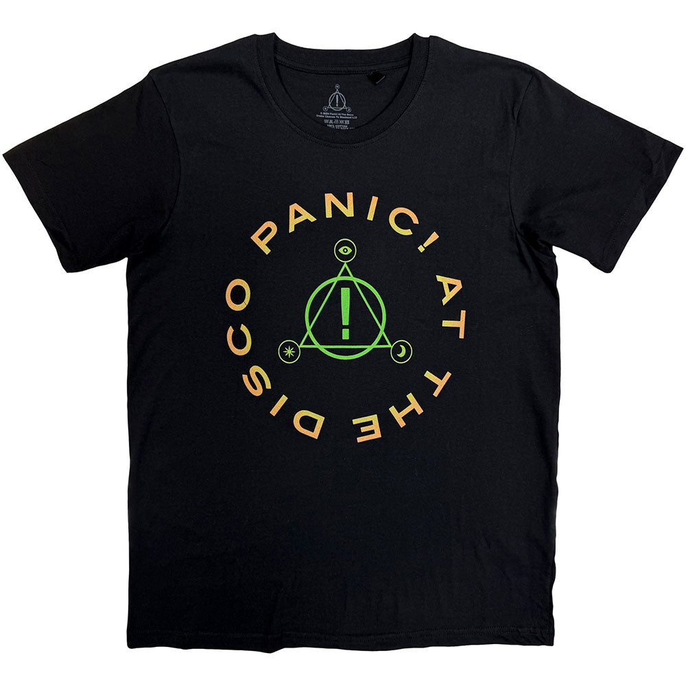 Black t-shirt with a Panic! At The Disco logo and triangle graphic in center.