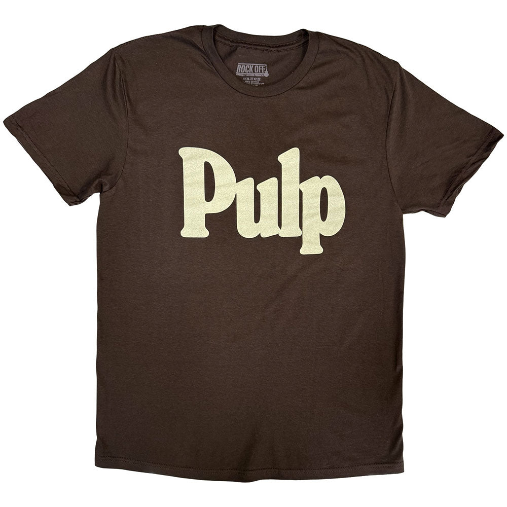 Brown short-sleeved t-shirt with the word Pulp printed in large cream-colored letters.