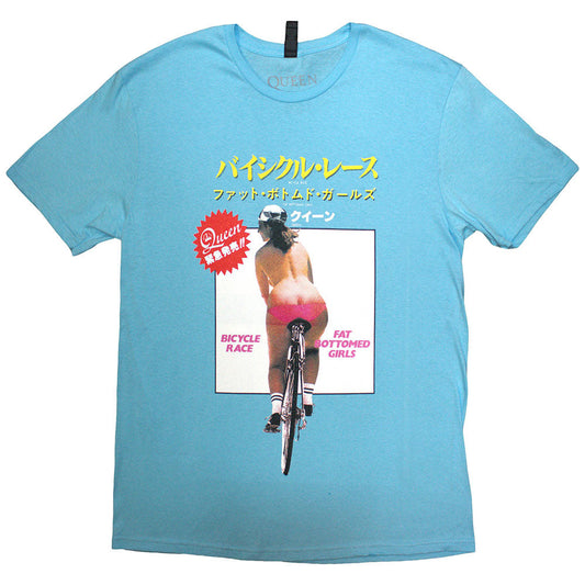Light blue Queen band t-shirt featuring a person on a bicycle graphic.