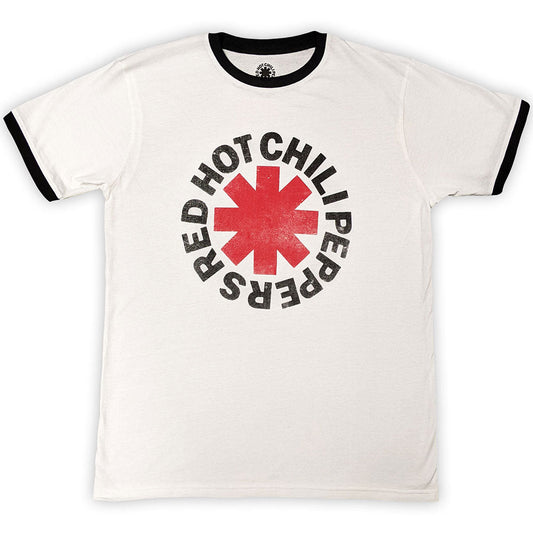 White ringer t-shirt with Red Hot Chili Peppers logo on the front.