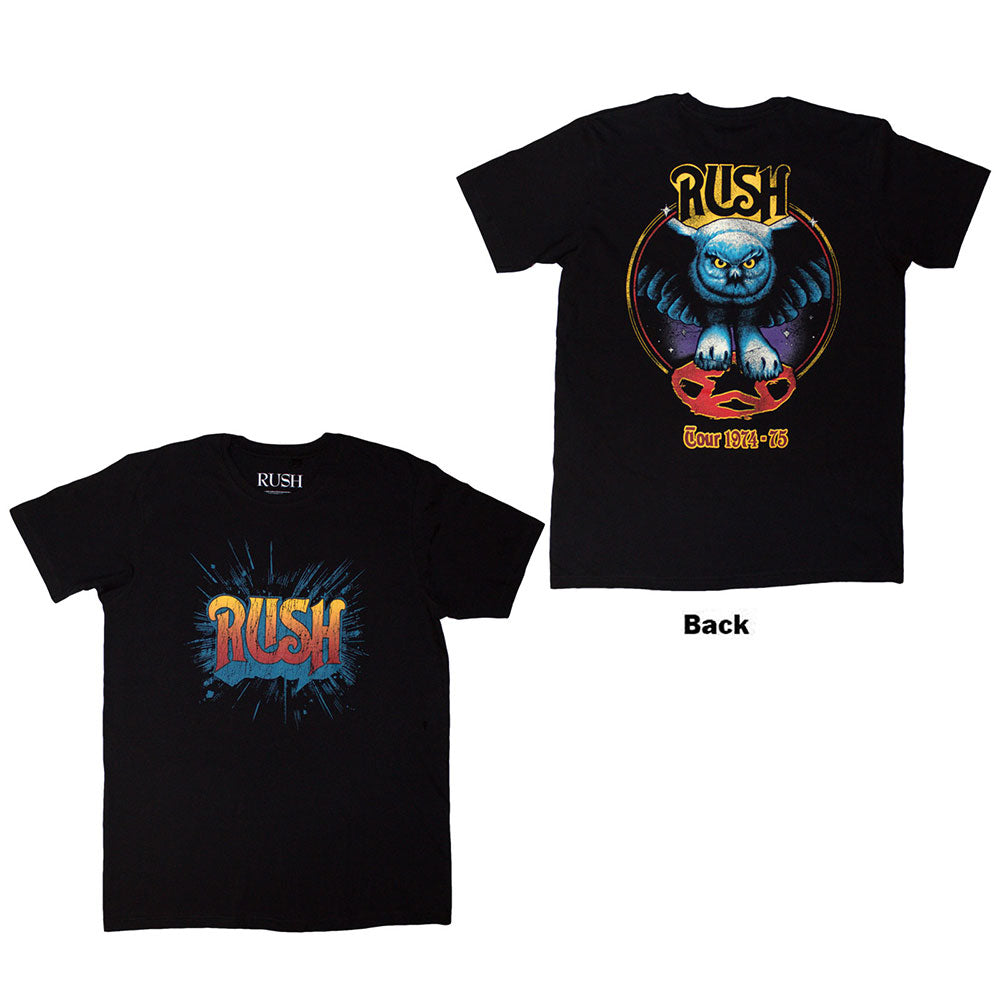 Black Rush tour t-shirt with owl graphic, front and back views.