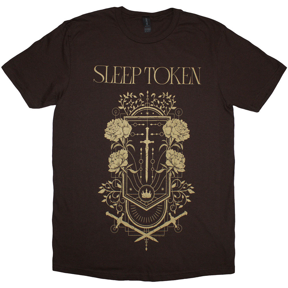 Maroon t-shirt with gold Sleep Token logo, sword, floral, and shield graphic print.