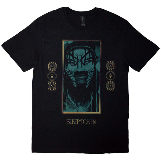 Black t-shirt with a green and gold Sleep Token design.