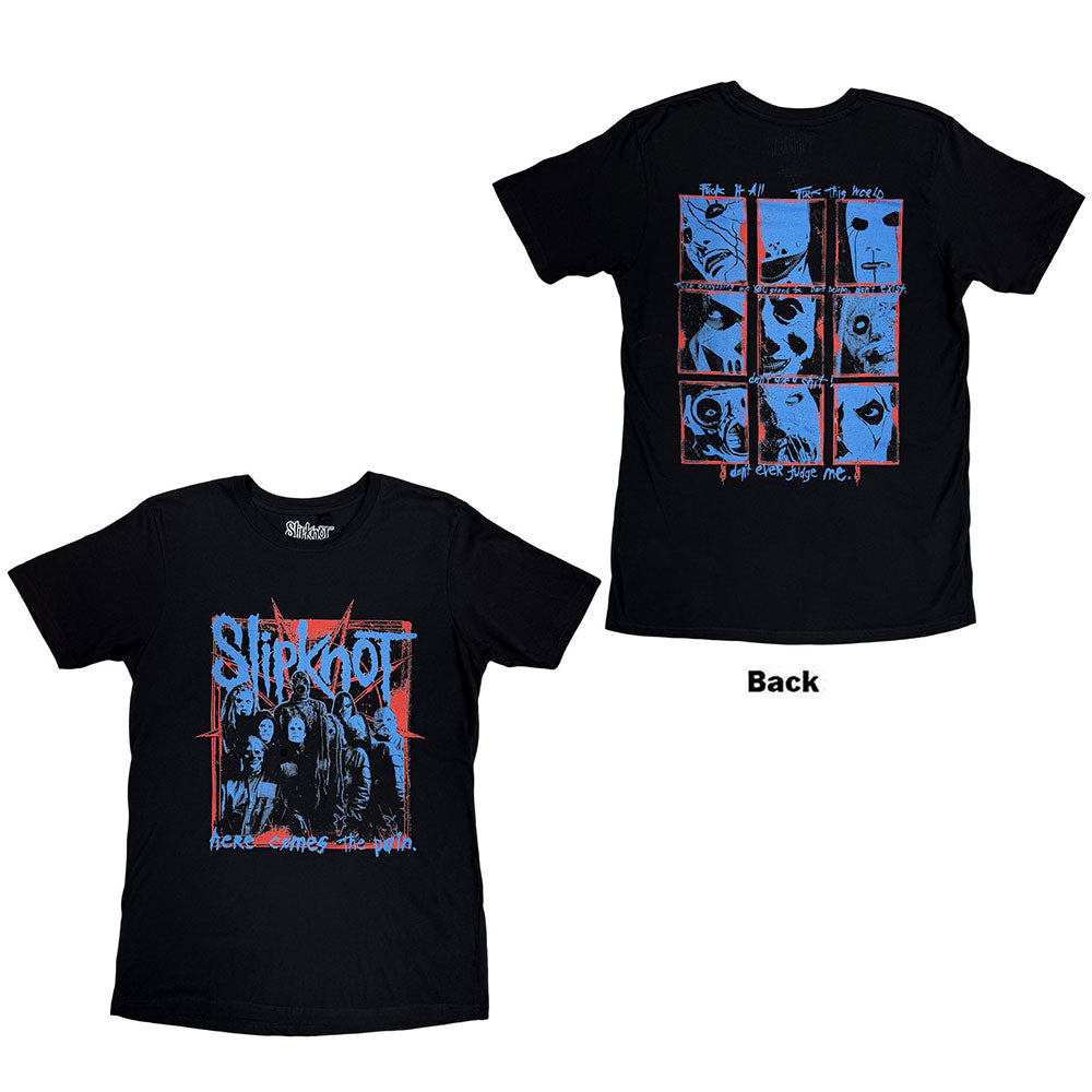 Black Slipknot t-shirt featuring a red and blue graphic of the band members.