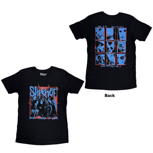 Black Slipknot t-shirt featuring a red and blue graphic of the band members.
