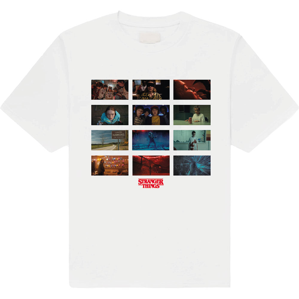 Black t-shirt featuring a grid of twelve Stranger Things scenes and the show logo.
