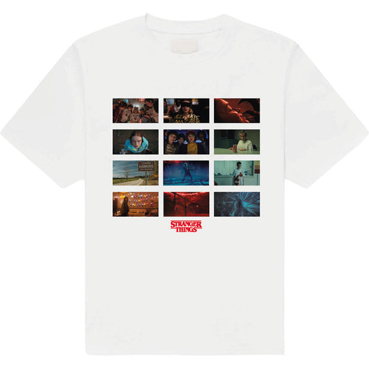 Black t-shirt featuring a grid of twelve Stranger Things scenes and the show logo.