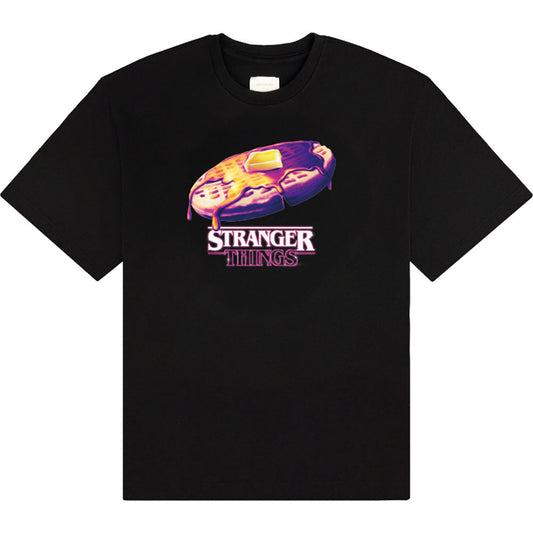 Black t-shirt with a graphic of a buttered waffle and Stranger Things logo.