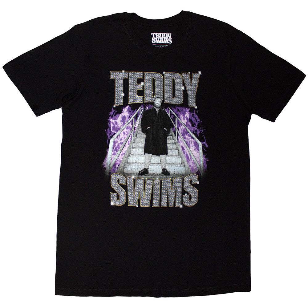 Black t-shirt featuring a graphic of Teddy Swims on stairs with purple flames.