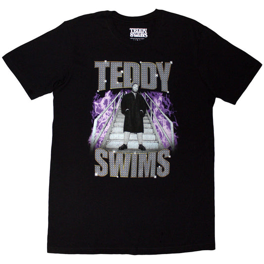 Black t-shirt featuring a graphic of Teddy Swims on stairs with purple flames.