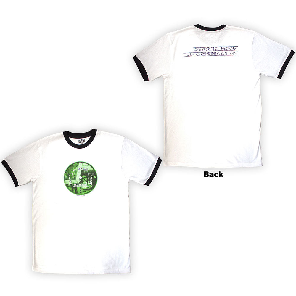 White ringer t-shirt with a Beastie Boys record label graphic on the chest.