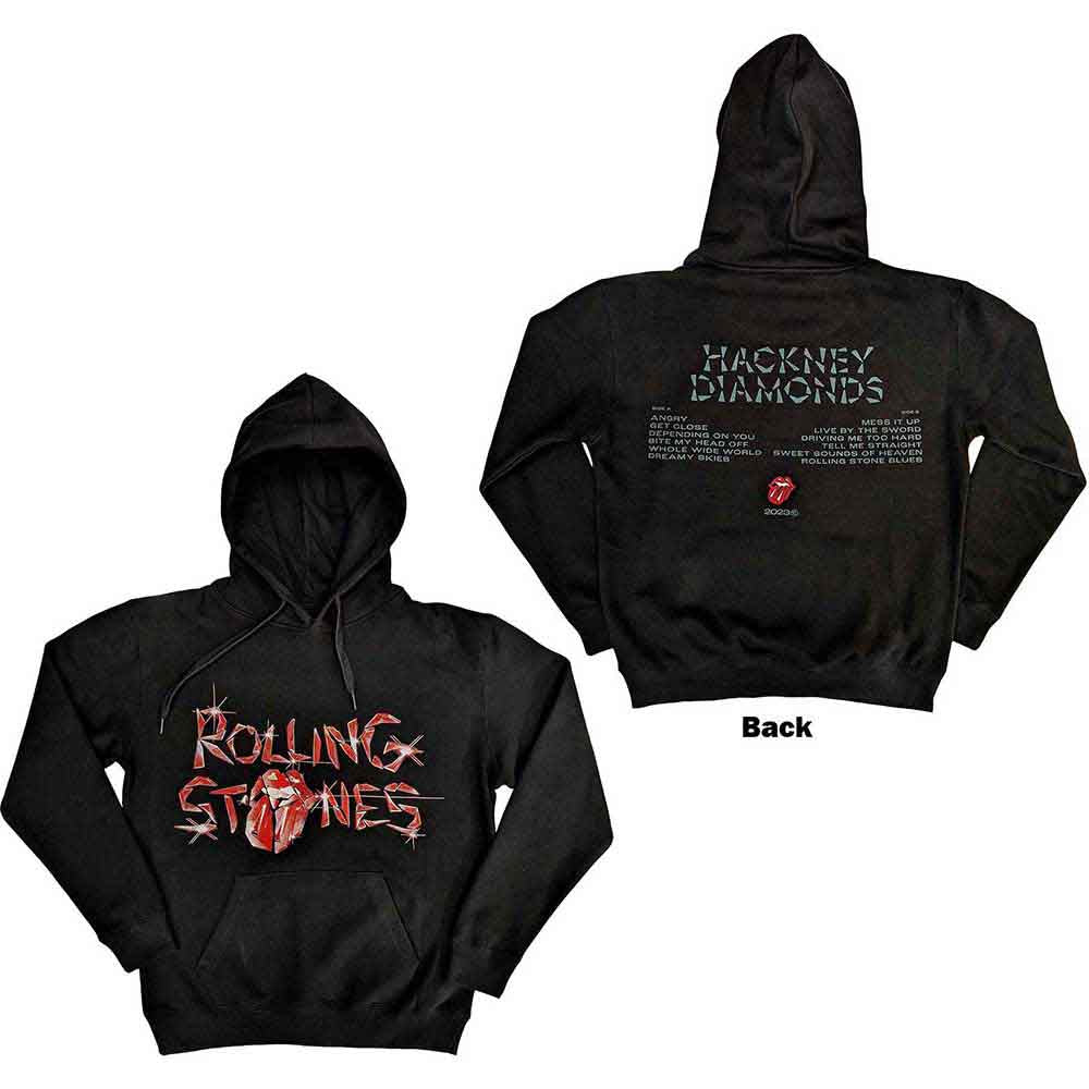 A man wearing a black Rolling Stones Hackney Diamonds hooded sweatshirt.