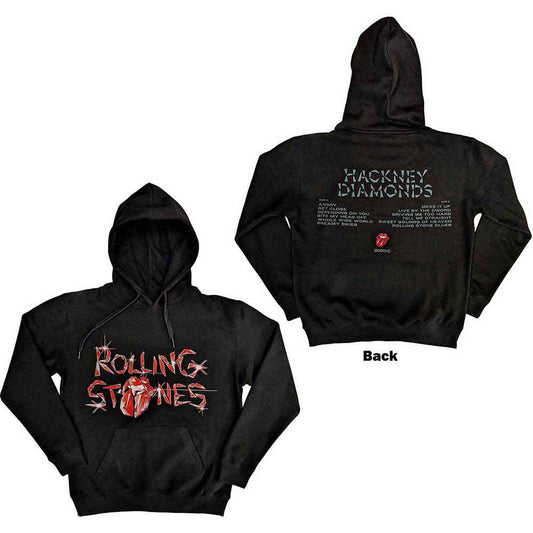 A man wearing a black Rolling Stones Hackney Diamonds hooded sweatshirt.
