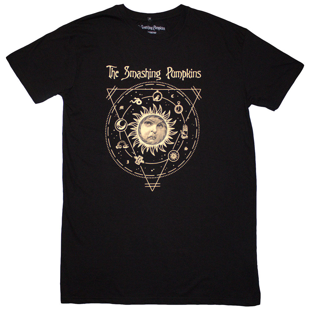 Black Smashing Pumpkins t-shirt featuring a celestial sun graphic with occult symbols.