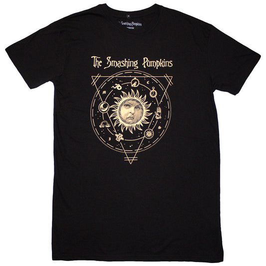 Black Smashing Pumpkins t-shirt featuring a celestial sun graphic with occult symbols.