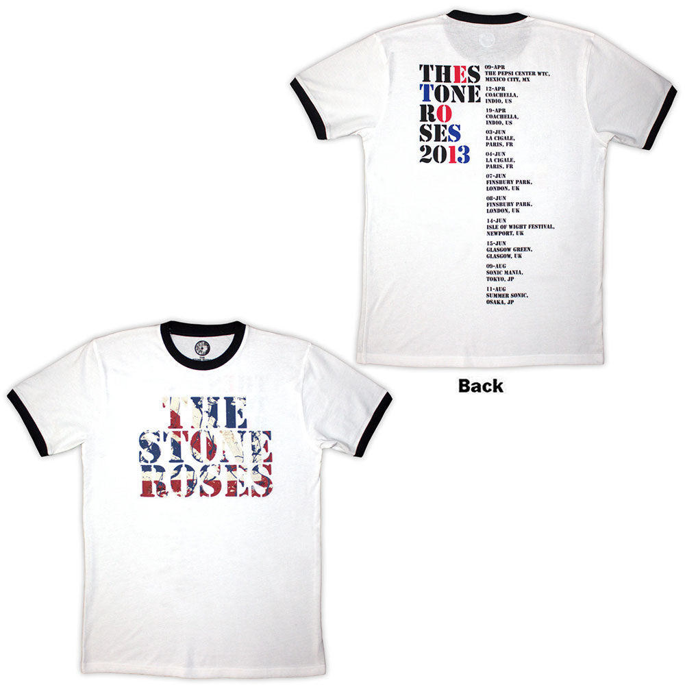 White t-shirt with distressed black and red "The Stone Roses" print.