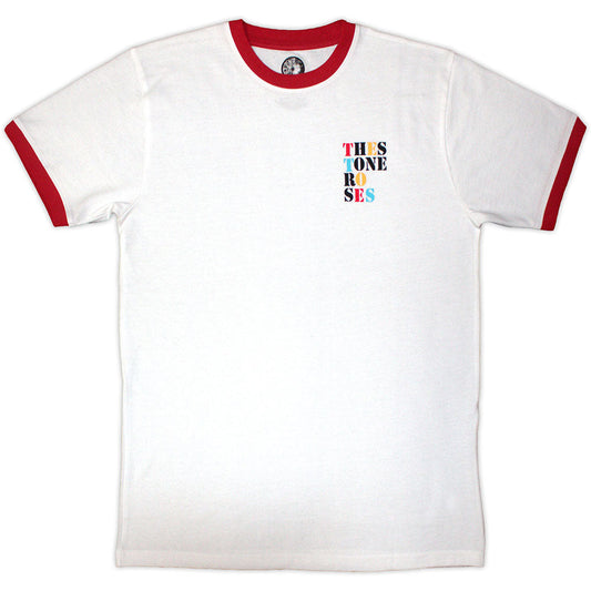 White ringer t-shirt with red trim and The Stone Roses logo on the chest.