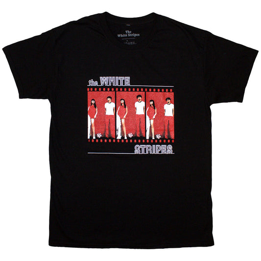 Black t-shirt featuring a The White Stripes film strip graphic on the front.
